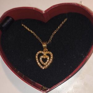Rhinestone Heart Gold tone  Pendant Necklace In Keepsake Box